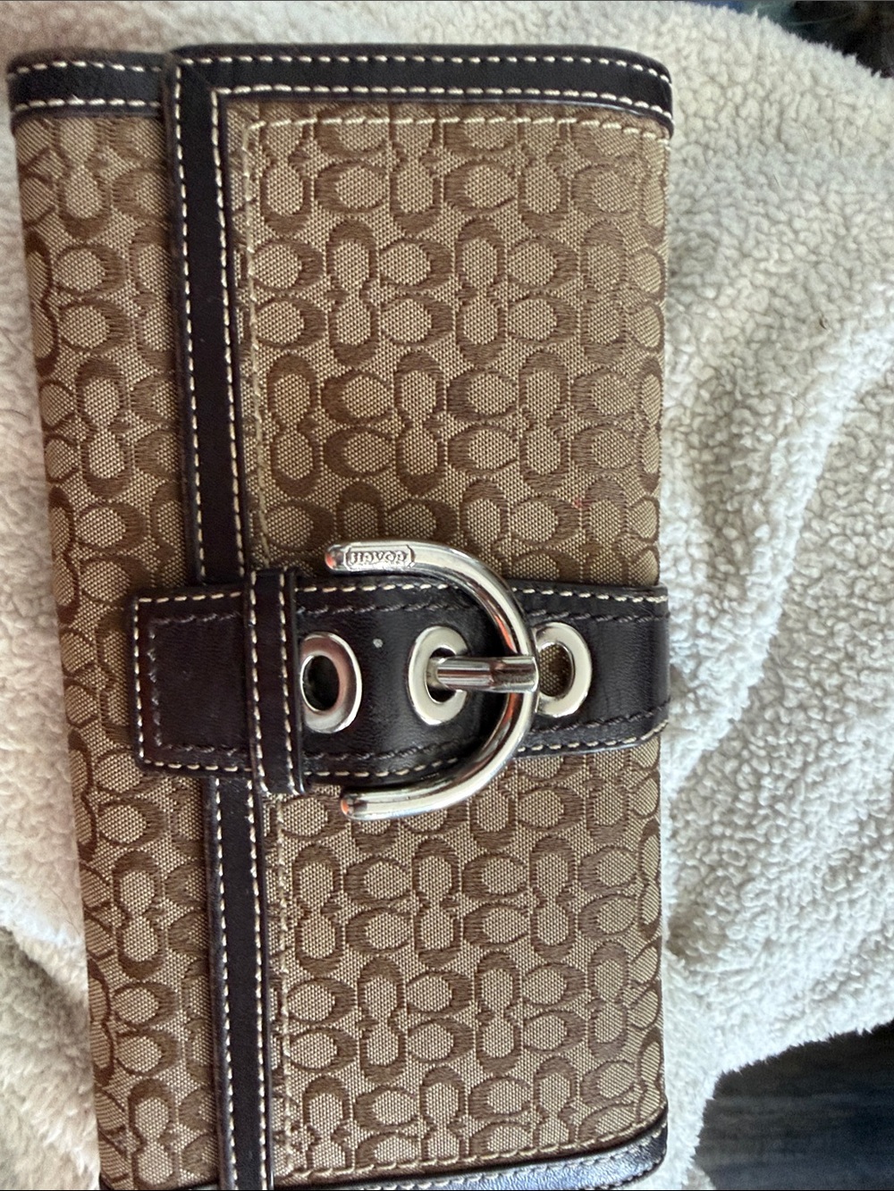 Coach Brown Signature Canvas Wallet with Buckle Detail